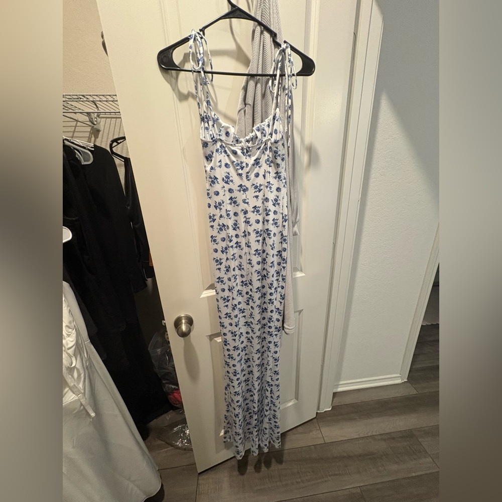 White Maxi Dress with Blue Floral Print - Picture 2 of 2